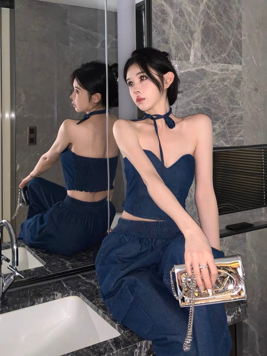 Getadme Strappy retro washed woven slim fit tube top suspender top casual denim low-waisted straight trousers casual vacation suit