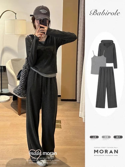 Casual sports style suit women's early autumn hooded sweater lazy wide-leg pants three-piece suit Internet celebrity salt system fried street fashion