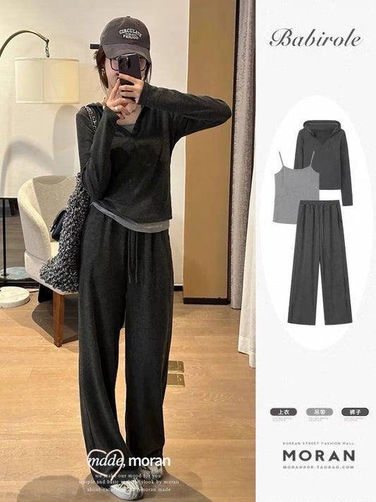 Casual sports style suit women's early autumn hooded sweater lazy wide-leg pants three-piece suit Internet celebrity salt system fried street fashion