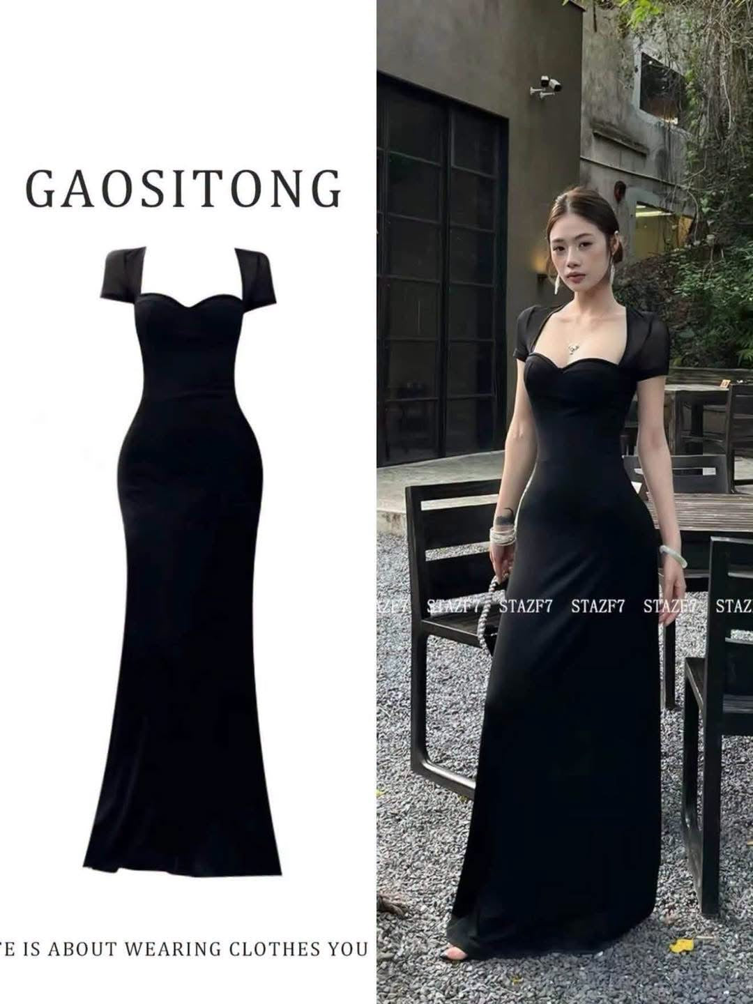 GAOSITONG Hepburn-style square-neck dress with mesh splicing—a slim-fitting, figure-flattering fishtail dress for women (Summer 2026).