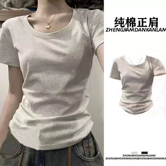 Pure cotton straight shoulder short-sleeved T-shirt for women in summer, slim and versatile, basic style, niche, fashionable, age-reducing tops, trendy G