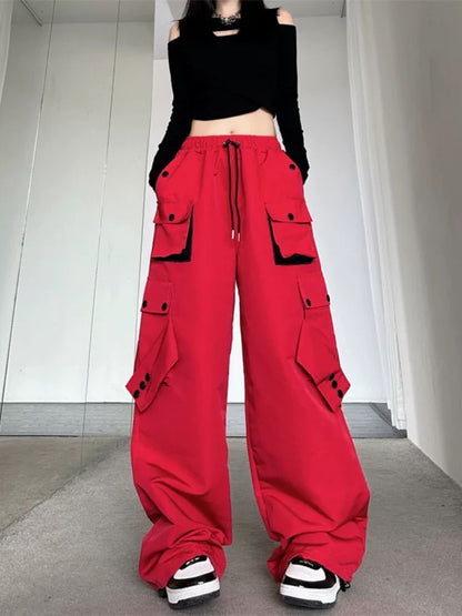 American high street workwear casual pants for women in autumn, loose contrasting color straight trousers with pockets, straight leg leggings, wide leg trousers