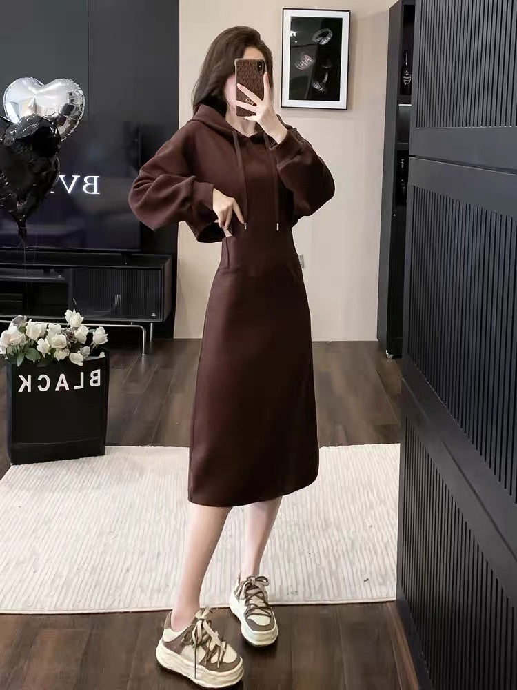 Hooded mid-length sweatshirt dress for women autumn 2023 new waist slimming high-end temperament casual skirt (V6619)