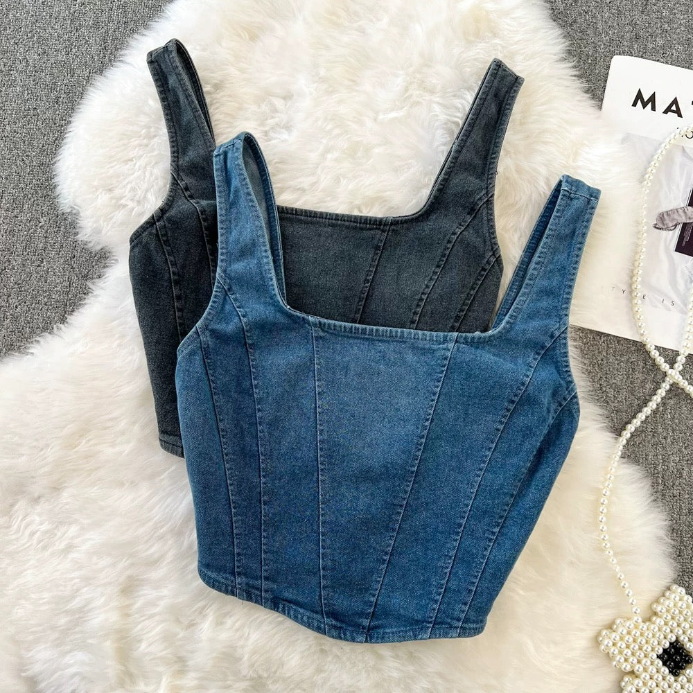 Retro style short denim camisole women's outer wear summer all-match western style slim zipper backless top