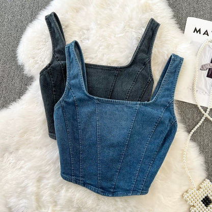 Retro style short denim camisole women's outer wear summer all-match western style slim zipper backless top