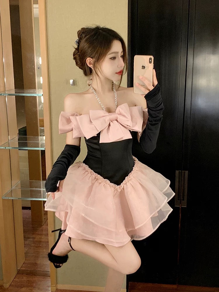 Extraordinary Sky Sweet Black and Pink Bow Halter Dress 2023 Autumn and Winter Birthday Dress Puffy Princess Dress
