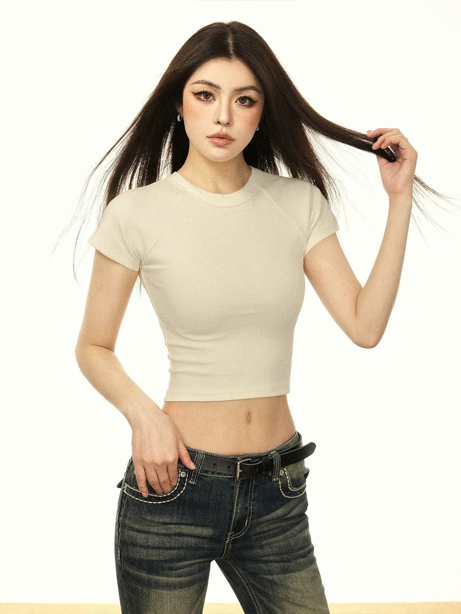 AAISUP American style white pure cotton straight shoulder short-sleeved T-shirt women's summer 2024 new slim fit short tops