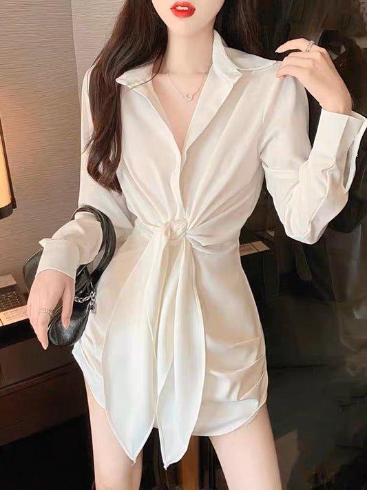 Early spring and autumn 2023 new temperament chic niche design high-level sexy slim black shirt dress female