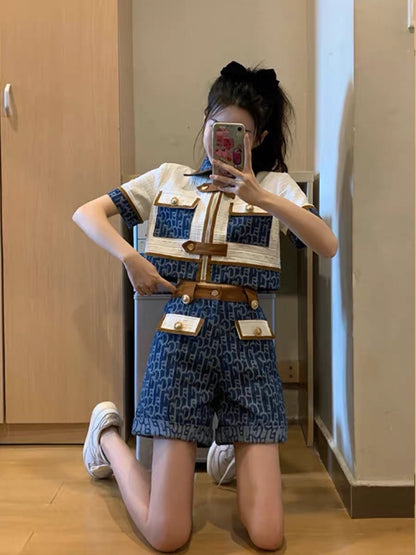 MUEL Original ◆Small fragrant style denim suit for women in summer, small Internet celebrity street casual high-end two-piece set (S036)