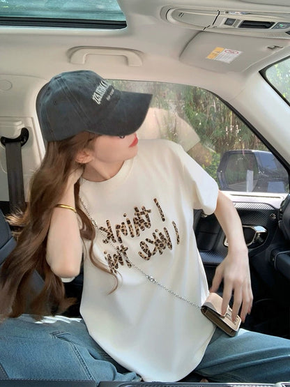 Retro letter print short-sleeved T-shirt for women 2025 new summer American trendy brand leopard print design loose top
