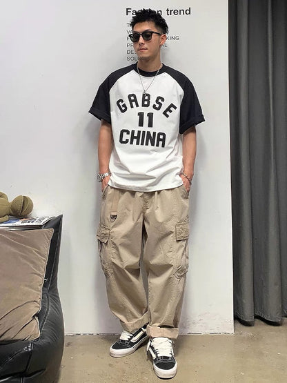 Xu Tailang American retro letter printed short-sleeved T-shirt men's trendy brand trend contrast half-sleeved summer fashion T-shirt