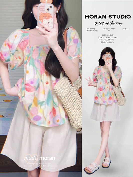 Korean style age-reducing full set of summer clothes dopamine color puff sleeve top casual shorts two-piece set small