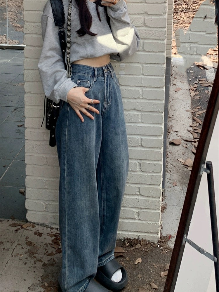 Hong Kong style retro distressed jeans for women in spring, loose and drapey straight wide-leg pants, high-waisted, slim floor-length pants