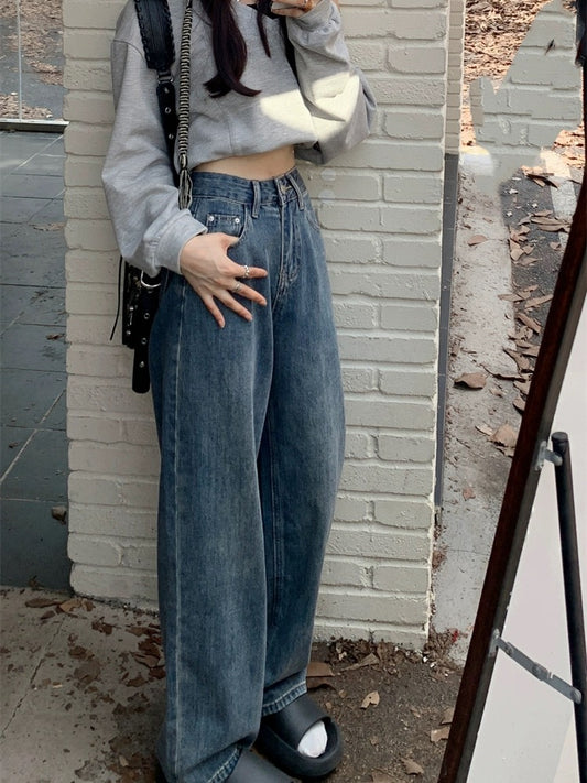 Hong Kong style retro distressed jeans for women in spring, loose and drapey straight wide-leg pants, high-waisted, slim floor-length pants