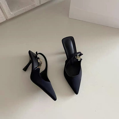 Heartbeat at a glance~!  Pointed Chain Metal Denim Baotou High Heels Fashion Temperament Air Back Sandals Female Autumn