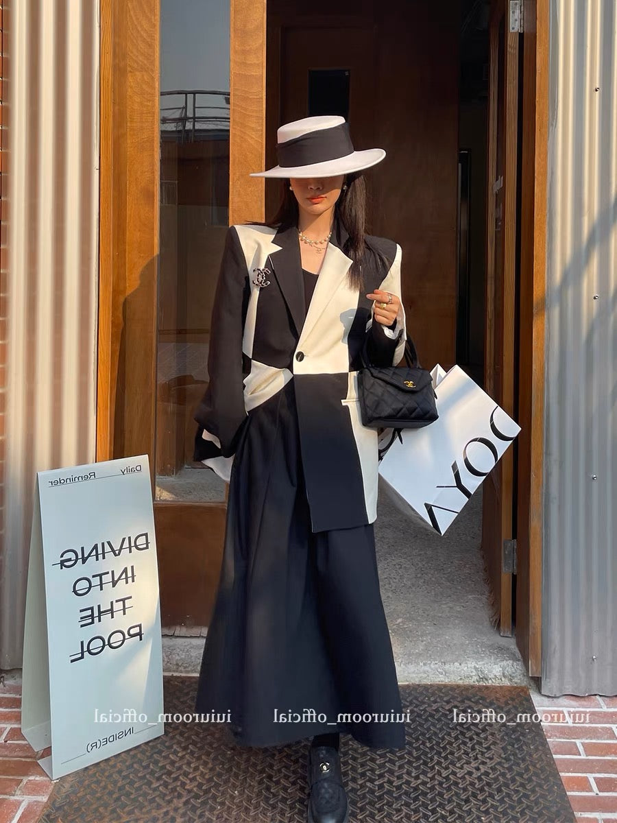 Spring and Autumn New Women's Clothing Hong Kong Style Retro Splicing Contrast Color Suit Jacket Women's Korean Loose Mid-Length Suit Top