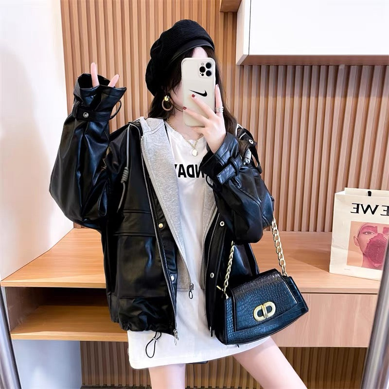 Lazy style stitching hooded fake two-piece coat for women 2023 Korean style autumn and autumn design loose leather jacket top (S0510)