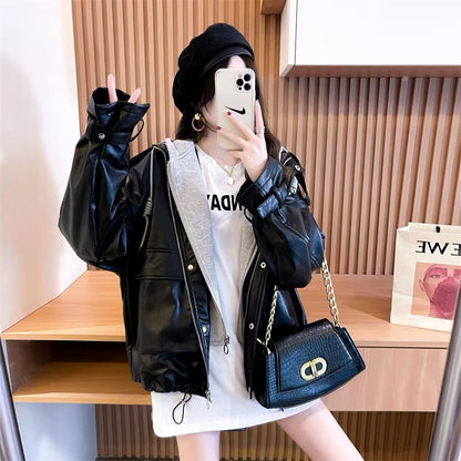 Lazy style stitching hooded fake two-piece coat for women 2023 Korean style autumn and autumn design loose leather jacket top (S0510)