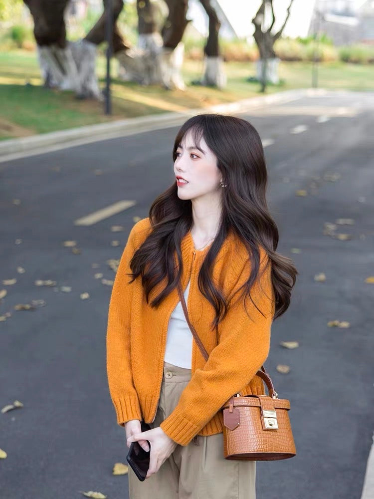 Japanese lazy sweater zipper jacket knitted cardigan pants two-piece suit autumn and winter small people wear a complete set