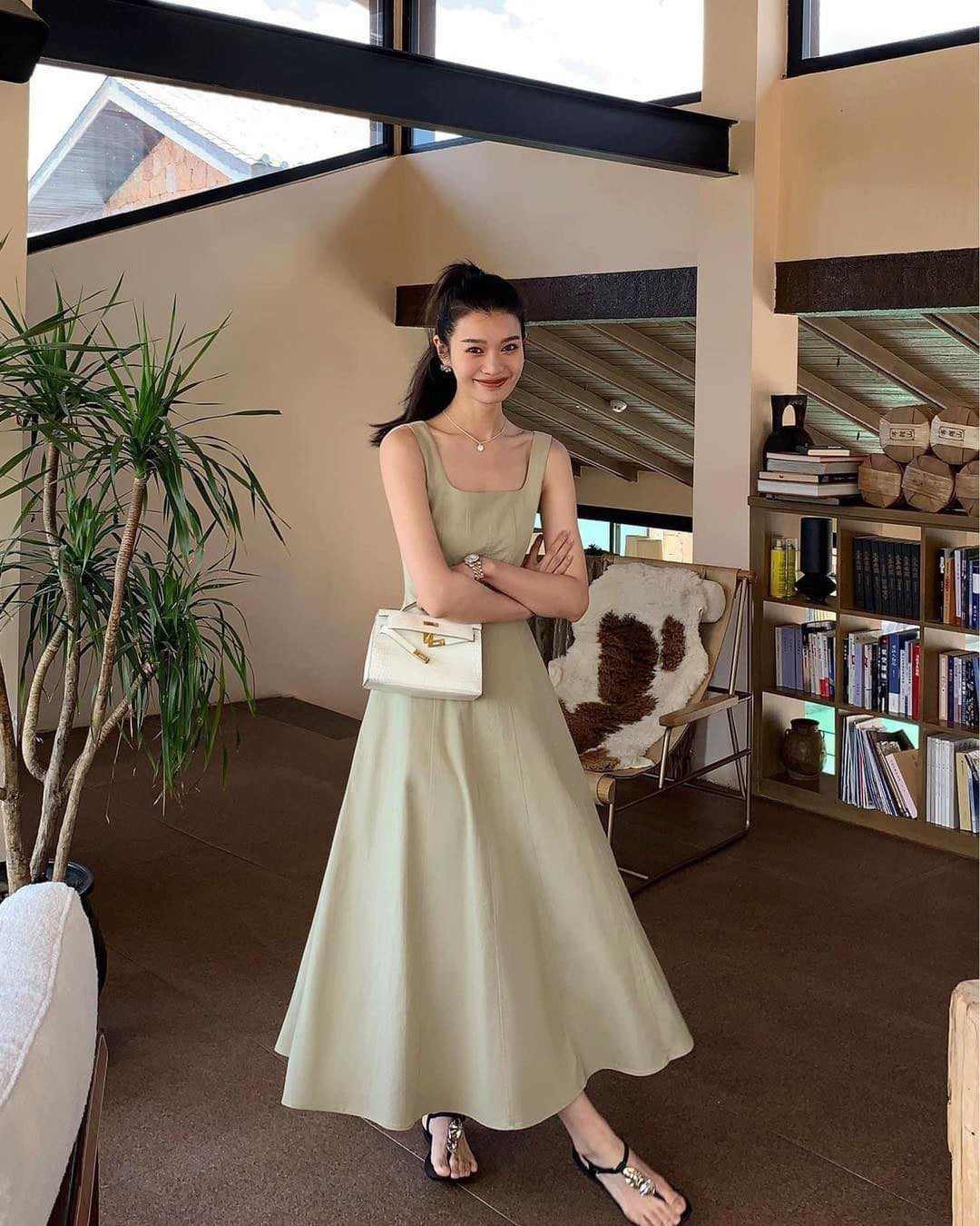 pusumede Hepburn style large U-neck suspender dress female summer new gentle temperament sleeveless waist long dress