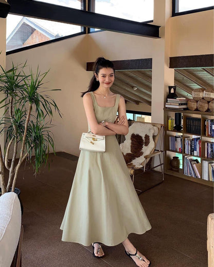 pusumede Hepburn style large U-neck suspender dress female summer new gentle temperament sleeveless waist long dress