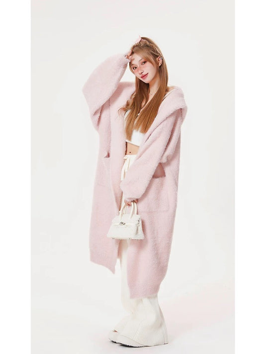 Mo Xinxin pink mink velvet sweater coat for women autumn and winter lazy style loose knitted cardigan long coat