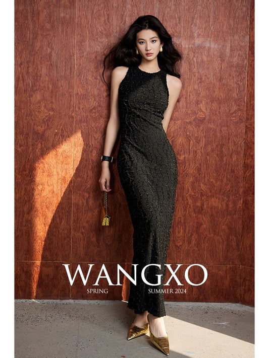 WANGXO丨Customized stretch bright silk tassel check丨Sleeveless/short-sleeved round neck waist dress