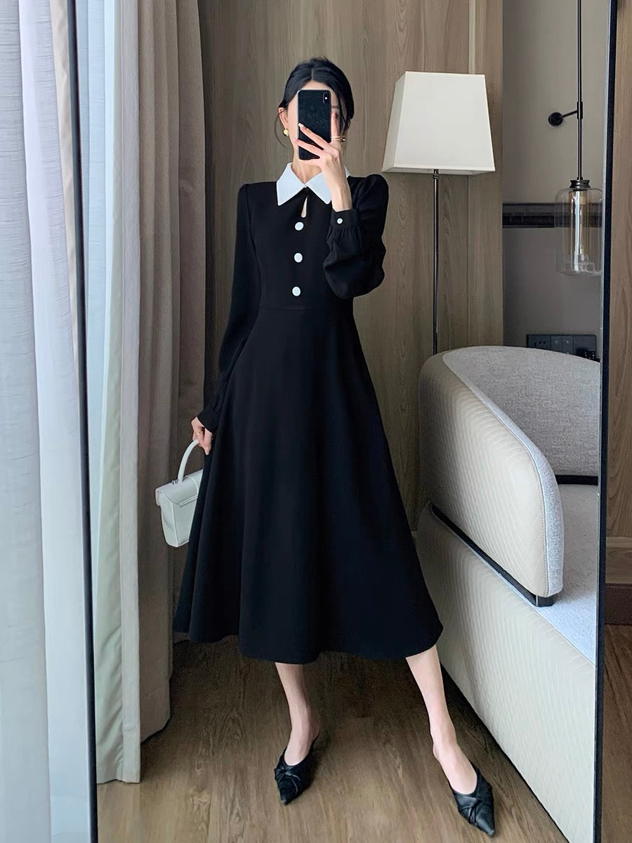 Guo Ge's black dress for women 2023 autumn new French retro slim Hepburn style long skirt with drape