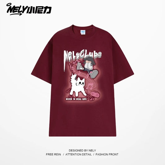 American cartoon cat print round neck short sleeve men and women summer 2025 couple pure cotton t-shirt half sleeve bottoming shirt trend