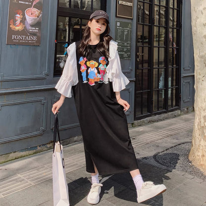 Black dress for women 2023 new summer design niche cartoon print cute age-reducing college style long skirt