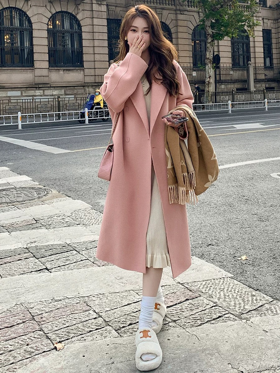 Pink double-faced velvet coat for women 2024 autumn and winter new Korean style loose mid-length Hepburn style woolen coat