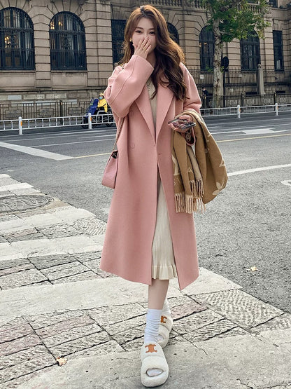 Pink double-faced velvet coat for women 2024 autumn and winter new Korean style loose mid-length Hepburn style woolen coat