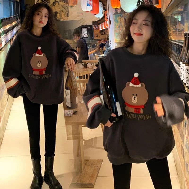 Maternity Autumn Wear Set 2023 Fashion Internet Celebrity Plus Velvet Thickened Bear Top Pregnancy Large Size Sweatshirt Two-piece Set