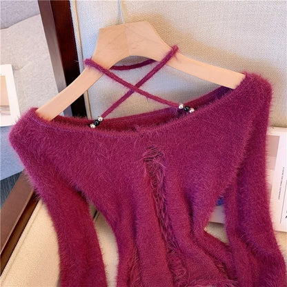 High-end pure desire sweet and spicy plum color one-shoulder imitation mink sweater ripped halterneck short sweater for women in autumn and winter