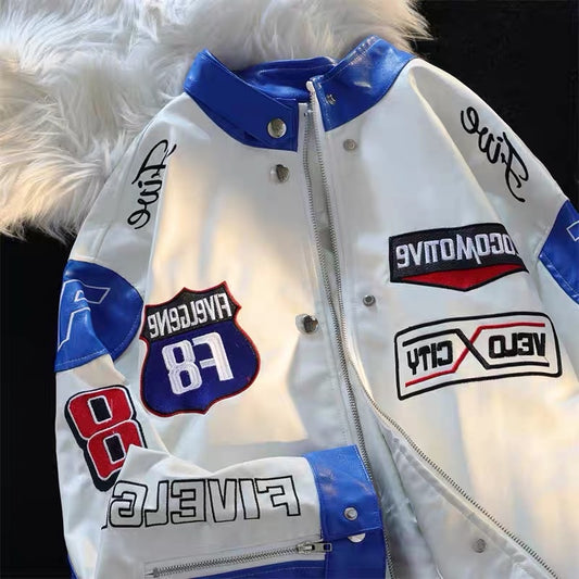 American tide brand vintage detachable racing suit men's and women's autumn and winter letter embroidery pu leather motorcycle jacket tide