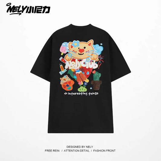 American cartoon cat print round neck short sleeve men and women summer 2025 couple pure cotton t-shirt half sleeve bottoming shirt trend