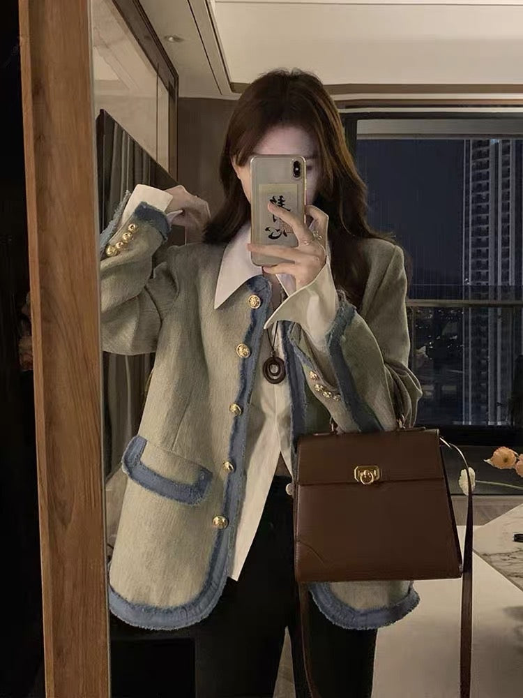 French-style small fragrance shoulder pad suit jacket women's early spring and autumn temperament high-end denim splicing top small man