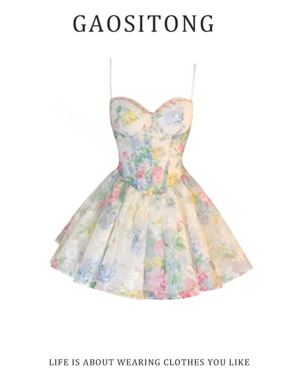 GAOSITONG French-style floral camisole dress—a fitted, A-line mini dress with an alluring, breezy vibe for Summer 2026.