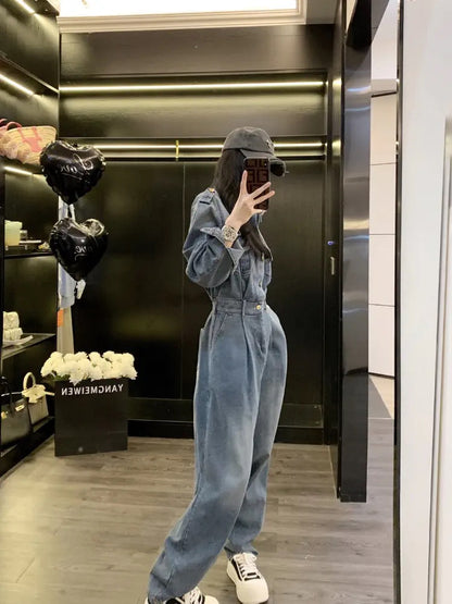 Workwear denim jumpsuit women's spring and autumn new style high-end wide-leg pants niche design one-piece jumpsuit (S0959)