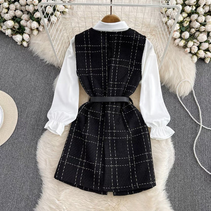 Goddess style lady temperament mid-length single-breasted tweed vest jacket two-piece loose white shirt autumn