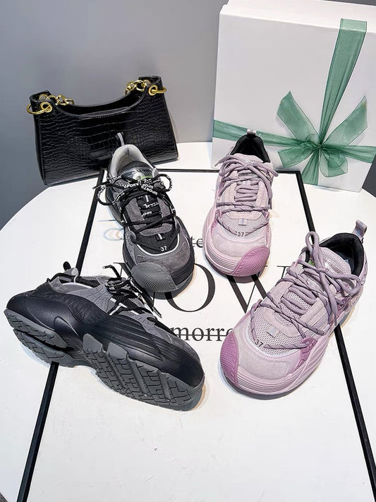 Breathable and non-stinky~!  Thick-soled dad shoes for women 2023 round toe ugly niche casual shoes heightening sneakers (S0136)