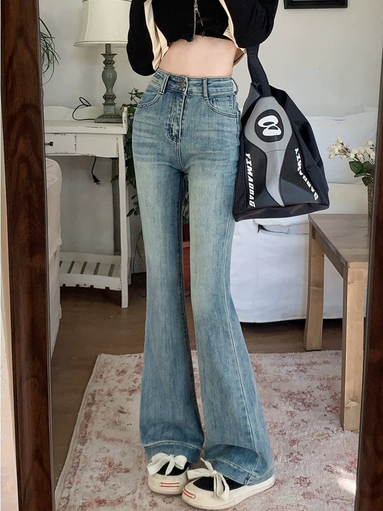 Retro micro-flare jeans for women in autumn, slim-fitting, high-waisted horse hoof pants, floor-length trousers, high street pants, trendy