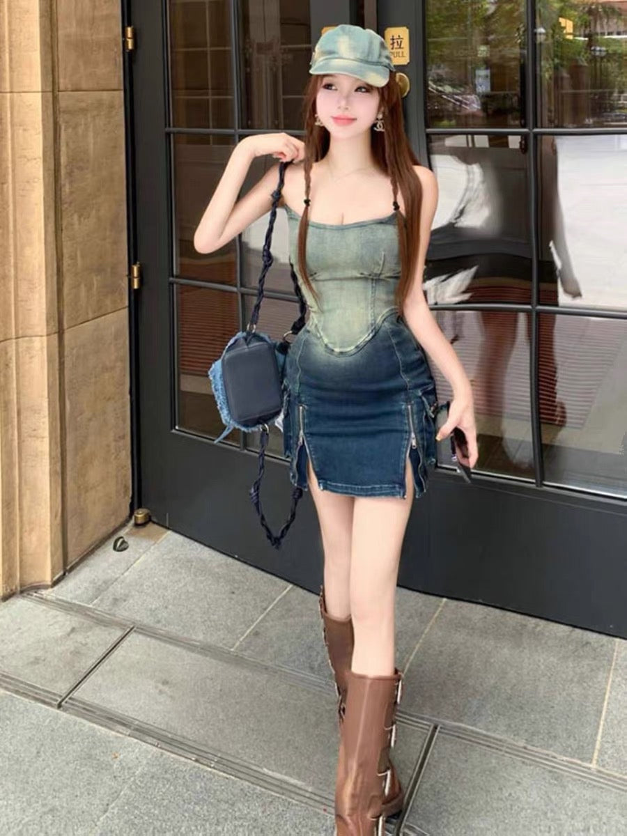 Temperament hot girl skirt 2023 summer new design sense niche fashion waist tube top bag hip denim dress female