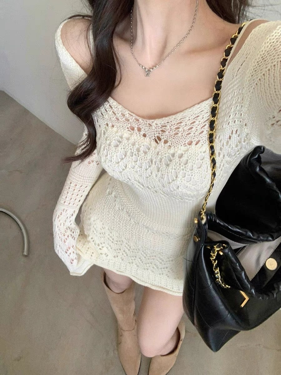 Pure Desire Spice Girls White Knitted Hollow Dress Long Sleeves Slim Slim Slim Early Autumn New Waist Slim Sweater Dress