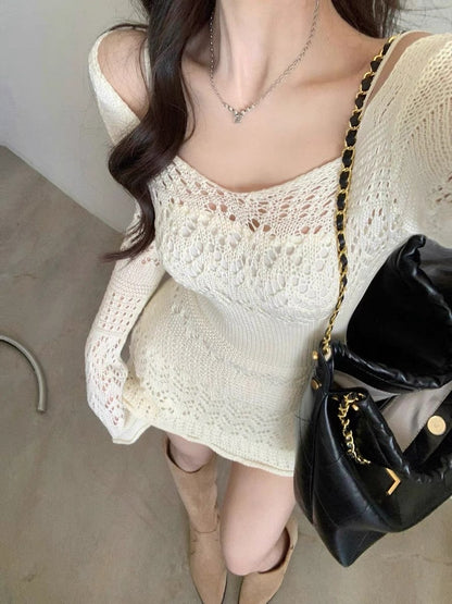 Pure Desire Spice Girls White Knitted Hollow Dress Long Sleeves Slim Slim Slim Early Autumn New Waist Slim Sweater Dress