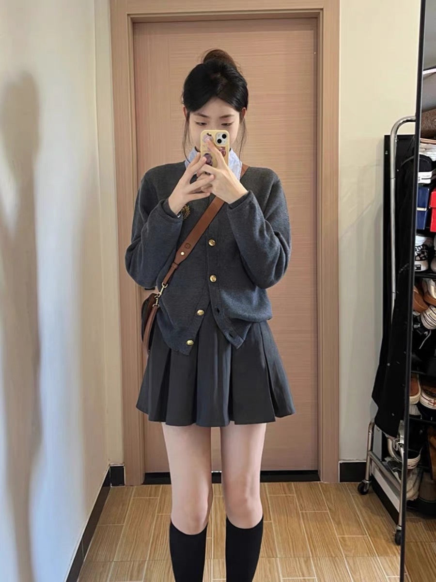 Tea style small fragrance two-piece suit autumn knitted sweater cardigan British college top skirt female small