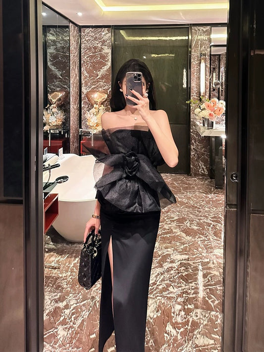 BETTER LS design three-dimensional flower sexy tube top slit hip skirt two-piece suit women's skirt