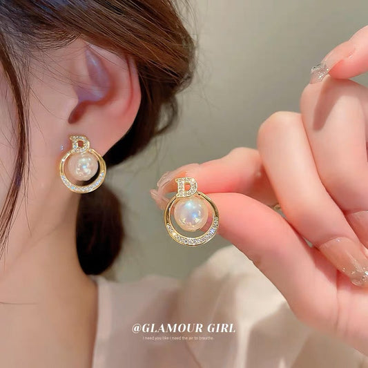Real gold electroplated silver needle zircon letter mermaid pearl earrings French style high-end simple earrings