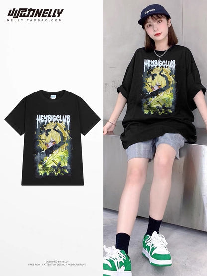 European and American trendy brand cartoon short-sleeved t-shirt women and men loose street style hip-hop trendy cool half-sleeved oversize top summer