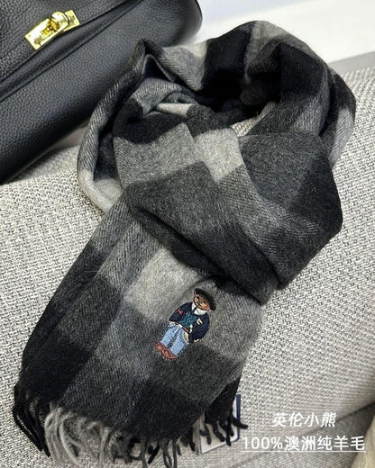 UK limited edition bear 100% Australian wool scarf retro British style men and women couple plaid thick winter